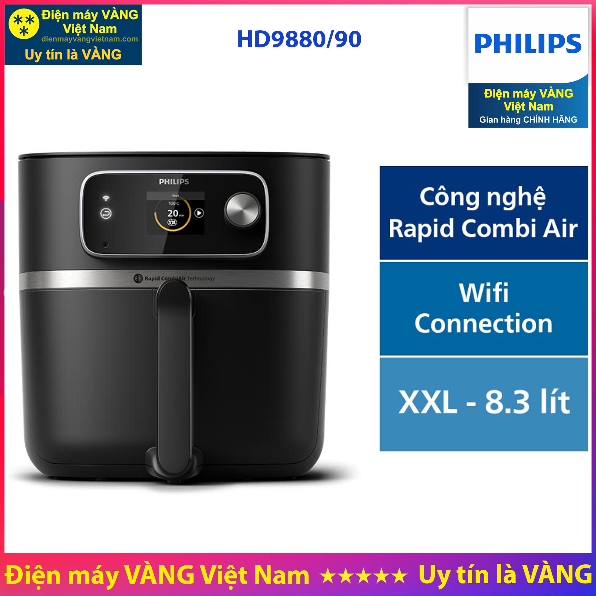 Nồi Chiên Philips 7000 Series Xxl HD9880/90 - Công Nghệ Mới Rapid Combi Air - Dung Tích 8.3L Vừa Gà 2Kg - 2200W - Màn Hình Led - Kết Nối Wifi - Hàng Chính Hãng
